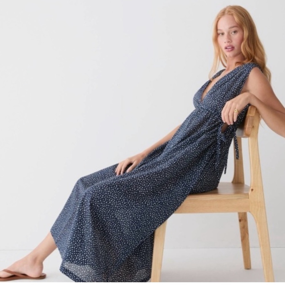 J crew cotton dot navy blue white maxi dress size medium